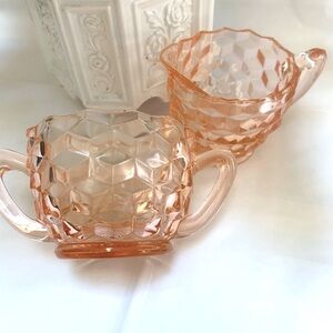 Jeanette Glass Vintage Cubist Pink Cream & Sugar Glass Set